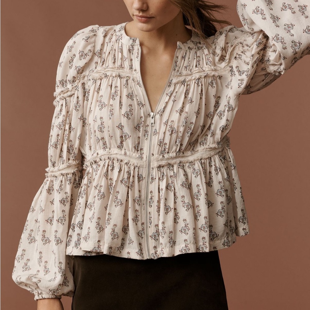 By Anthropologie Long-Sleeve Puffy Zip-Front Blouse in Block Print Pattern